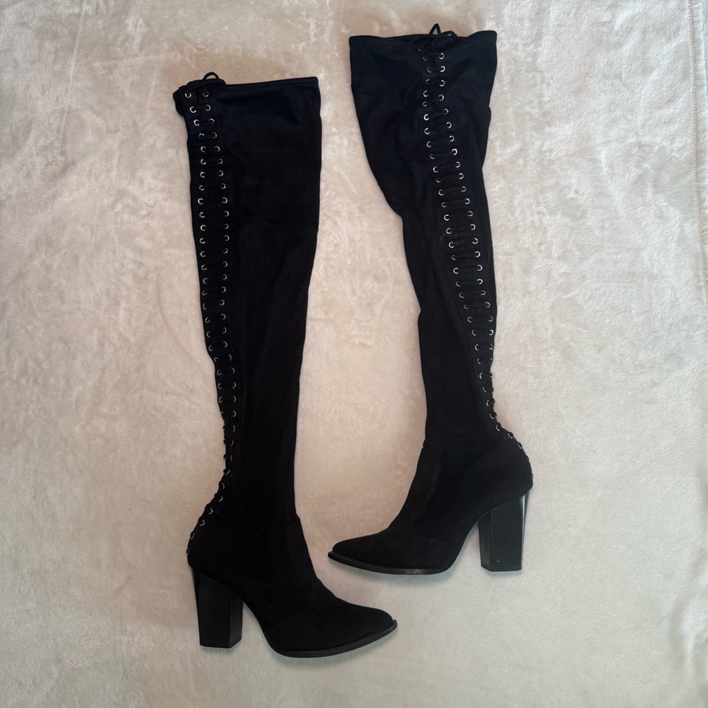 Vintage Steve Madden Black Over The Knee Boots with Sexy Lace-Up Design
